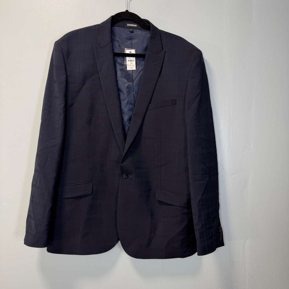 Express Extra Slim Navy Blue Plaid Suit Jacket Blazer 46R 04353224 New Formal